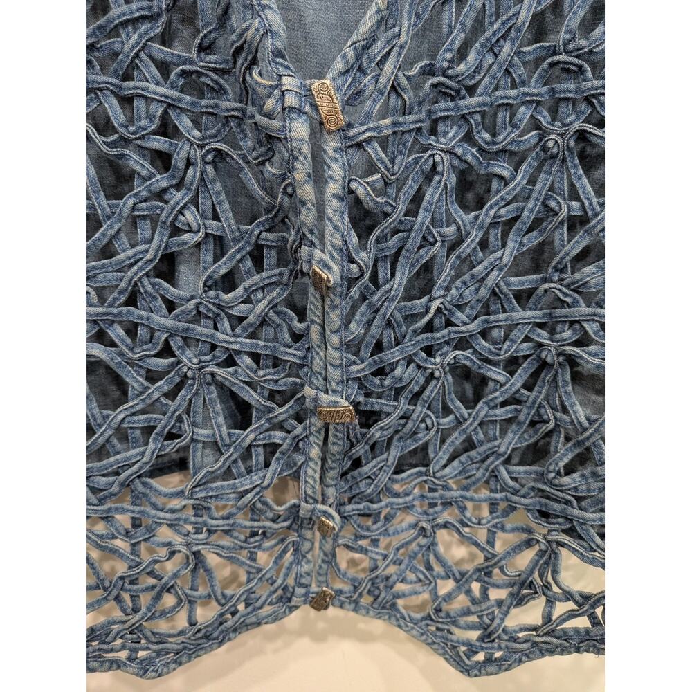 Denim Jean Vest Women Large Cage Weave Boho Lattice Woven Whimsigoth Festival - Picture 6 of 8